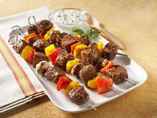 Beef, Sweet Peppers and Mushroom Kabobs with Cucumber Yogurt Sauce