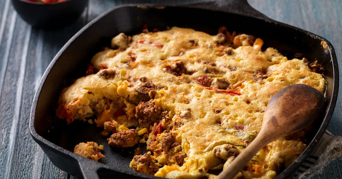 Easy Mexican-Style Beef Sausage Cornbread Skillet | Beef Loving Texans | Beef Loving Texans is your 