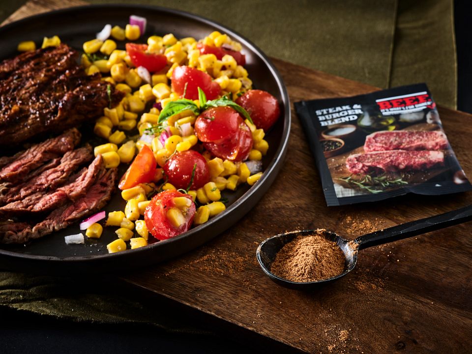 Cowboy Marinated Skirt Steak with Corn Salad