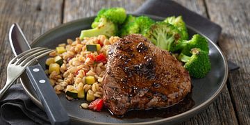Sweet & Spicy Petite Sirloin Steaks with Vegetable Barley Risotto
