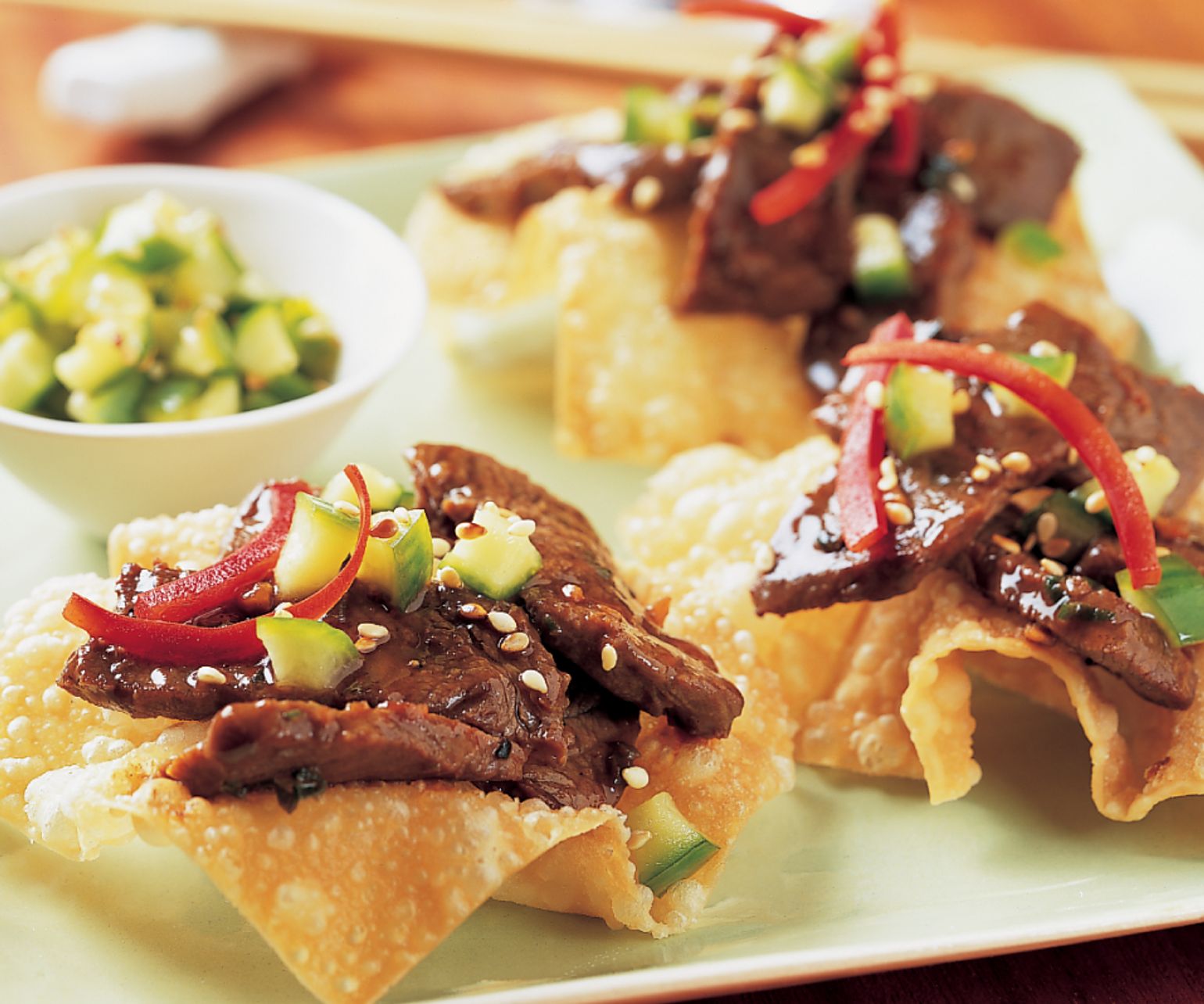 Sesame Flat Iron Steak on Wonton Crisps