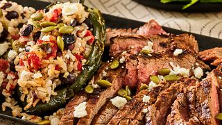 FY23 BIWFD Recipes, Lime-Marinated Flank Steak with Stuffed Poblano Peppers