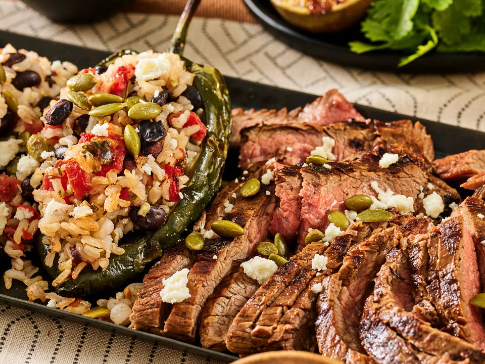 FY23 BIWFD Recipes, Lime-Marinated Flank Steak with Stuffed Poblano Peppers