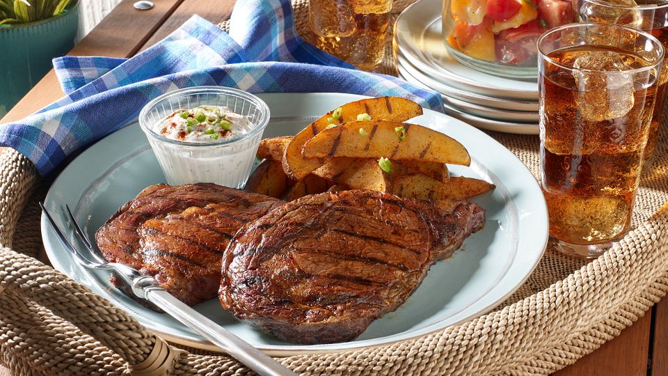 Grilled Ribeye Steaks and Potatoes with Smoky Paprika Rub