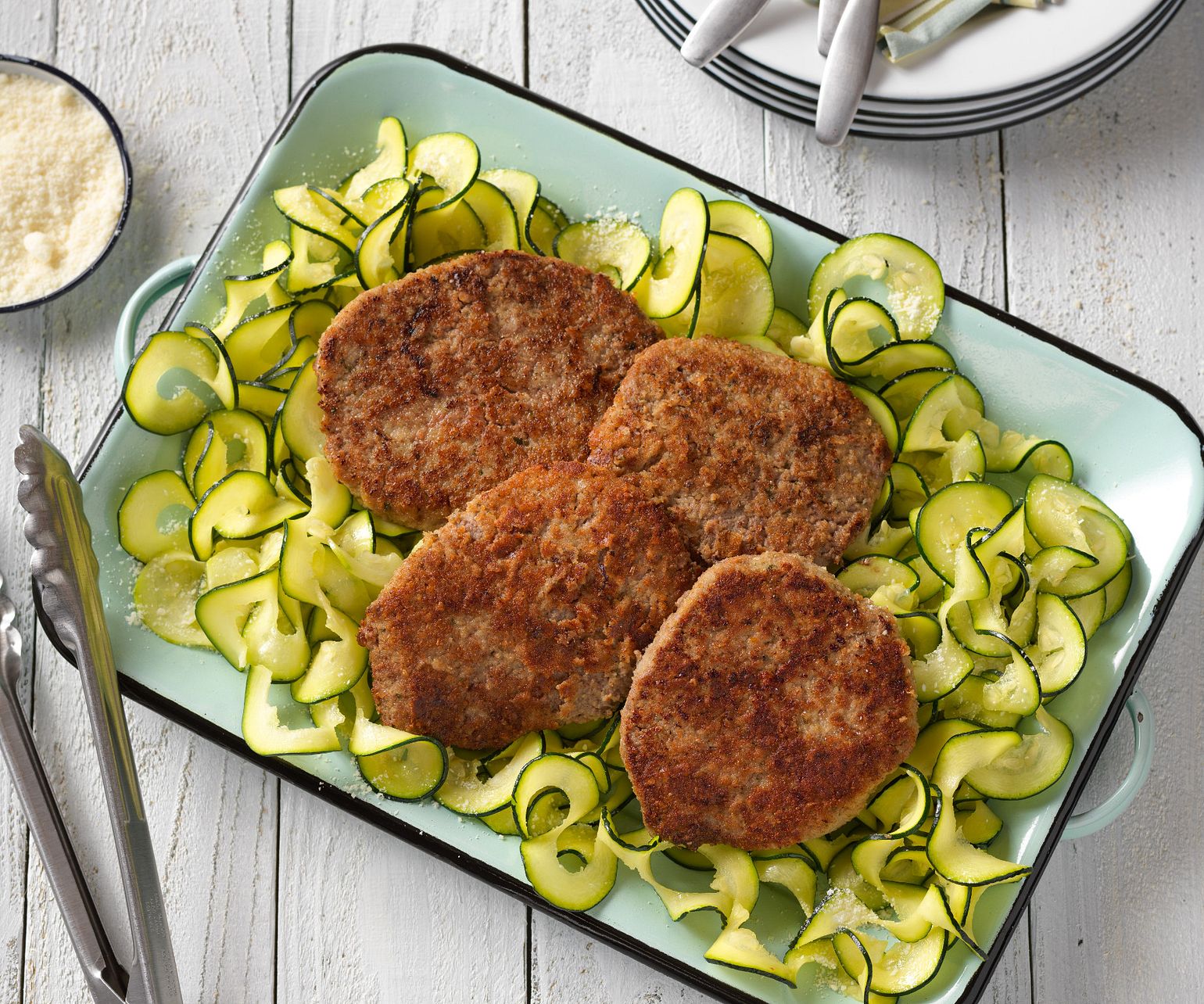 Parmesan-Crusted Cubed Steaks with Zucchini Ribbons