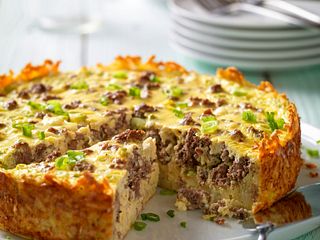 Beef Breakfast Sausage & Goat Cheese Egg Bake with Hash Brown Crust