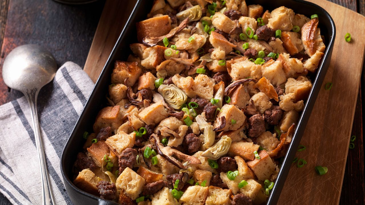 Beef Sausage, Wild Mushroom &amp; Artichoke Bread Pudding