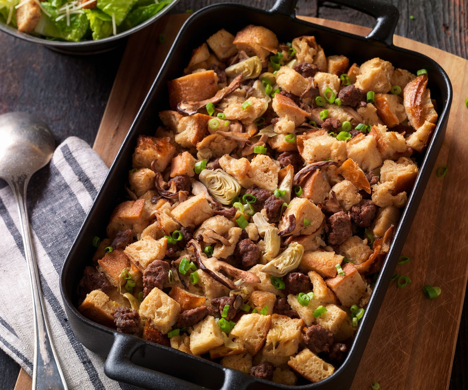 Beef Sausage, Wild Mushroom and Artichoke Bread Pudding