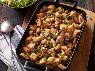 Beef Sausage, Wild Mushroom & Artichoke Bread PUdding