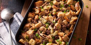 Beef Sausage, Wild Mushroom & Artichoke Bread PUdding