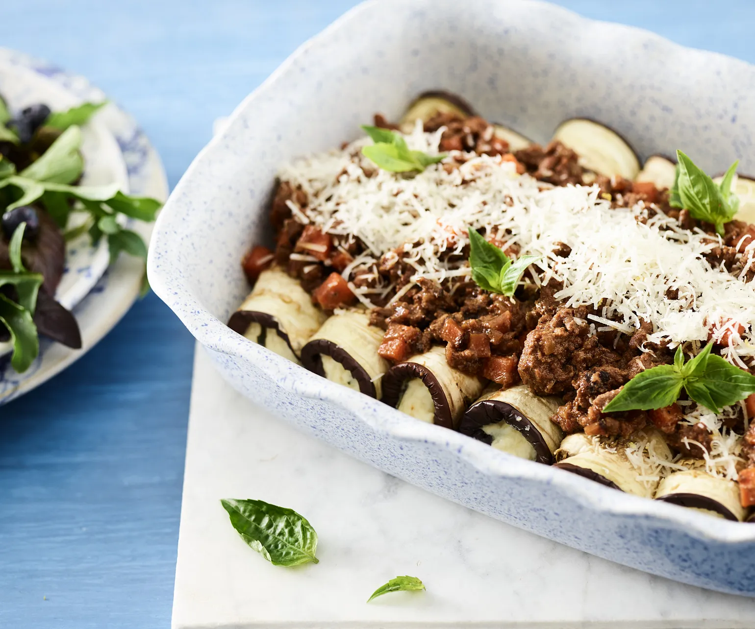 Three Cheese-Stuffed Eggplant Roulade with Beef Ragout