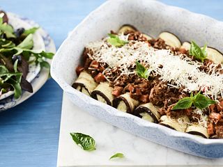 Three Cheese-Stuffed Eggplant Roulade with Beef Ragu