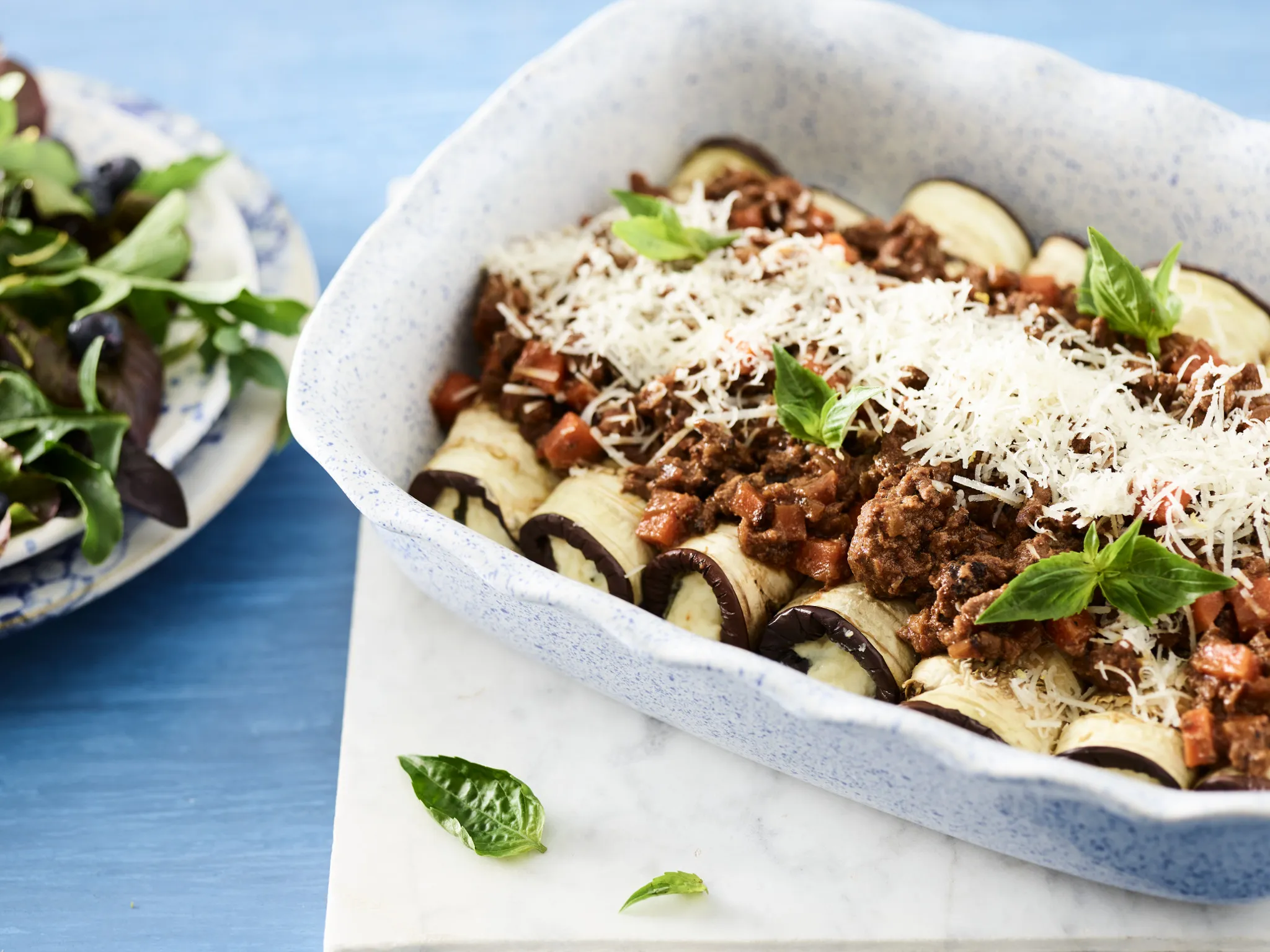 Three Cheese-Stuffed Eggplant Roulade with Beef Ragout