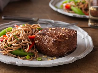 Asian Strip Filets with Soba Noodle and Vegetable Salad