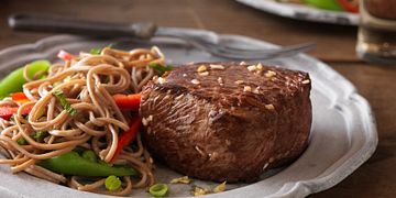 Asian Strip Filets with Soba Noodle and Vegetable Salad