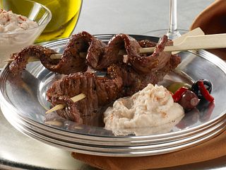 Beef Skewers with Garlicky White Bean Dip