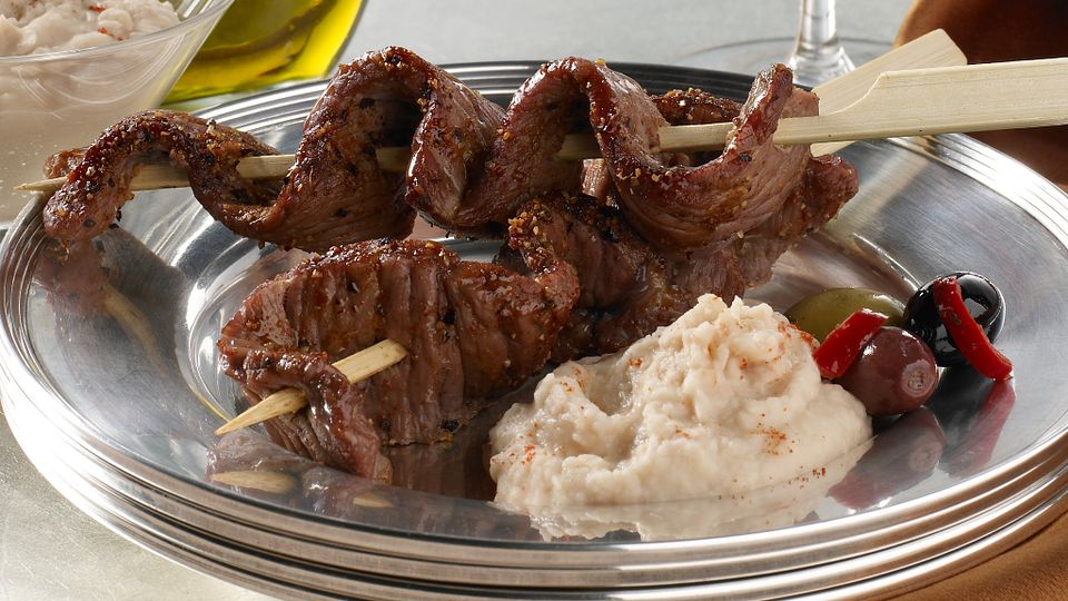 Beef Skewers with Garlicky White Bean Dip