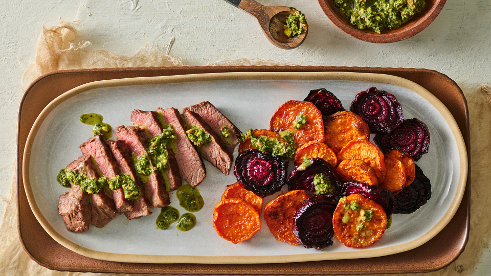 Steak and Roasted Sweet Potatoes and Beets with Kale Chimichurri