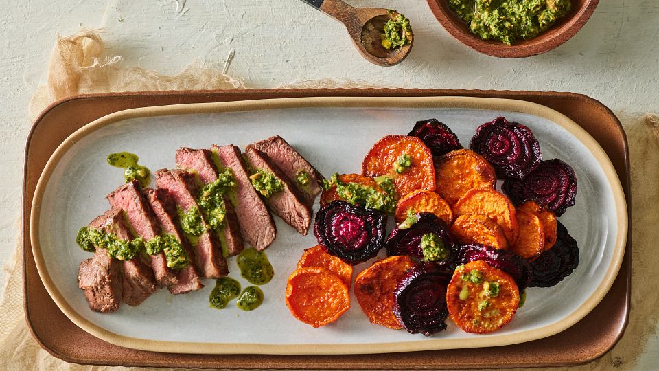Steak and Roasted Sweet Potatoes and Beets with Kale Chimichurri