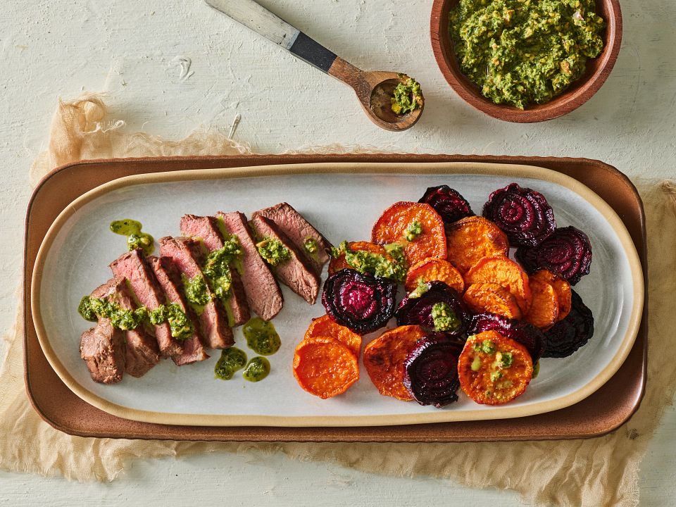 Steak and Roasted Sweet Potatoes and Beets with Kale Chimichurri