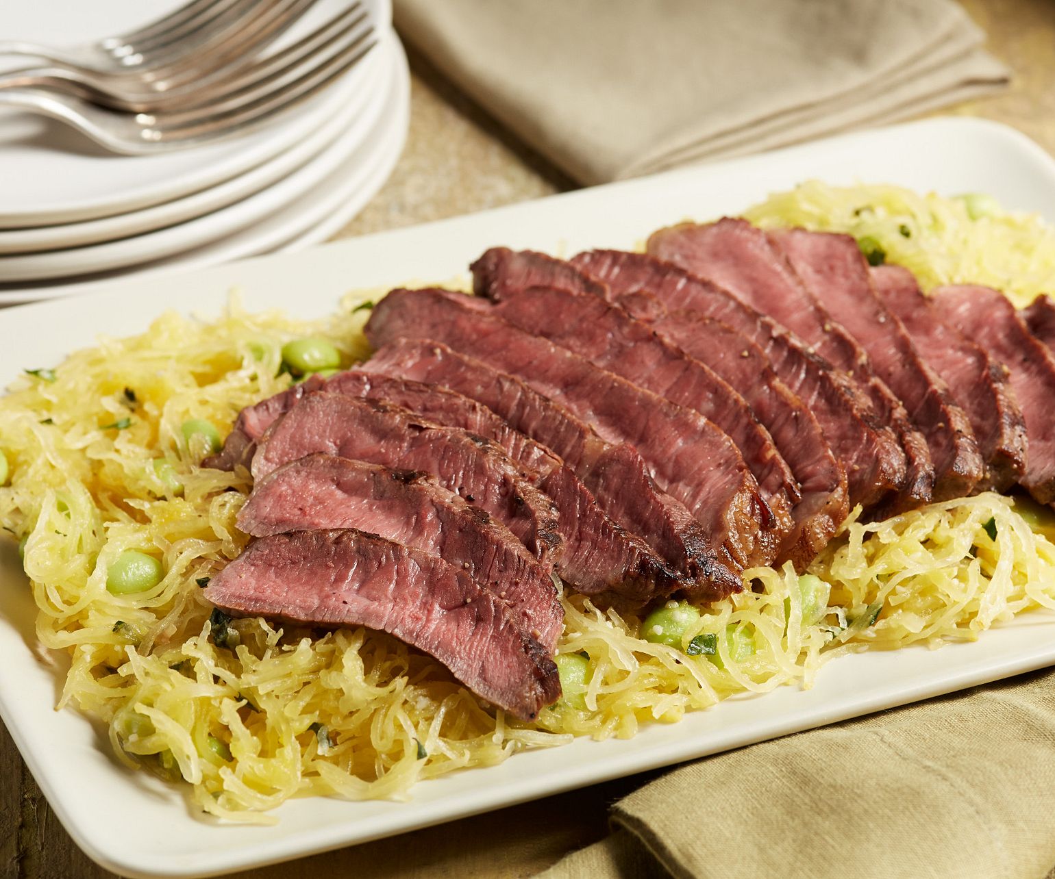 Grilled Sirloin Steak with Spaghetti Squash and Edamame