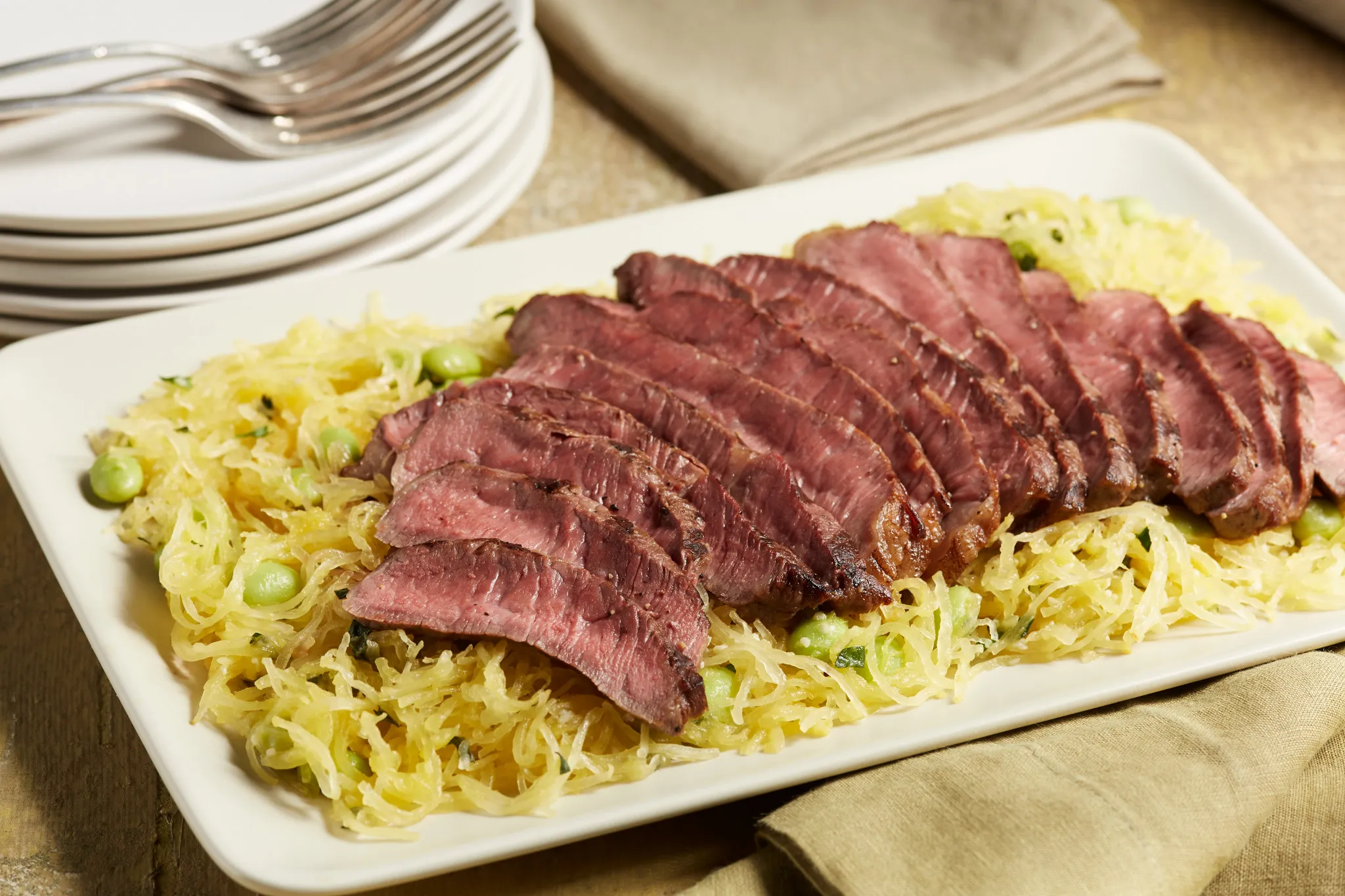 Grilled Sirloin Steak with Spaghetti Squash and Edamame