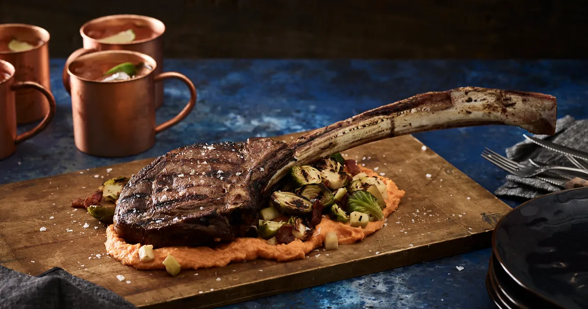Tomahawk Steak with Grilled Brussels Sprouts and Sweet Potato Purée | Beef Loving Texans | Beef Lovi