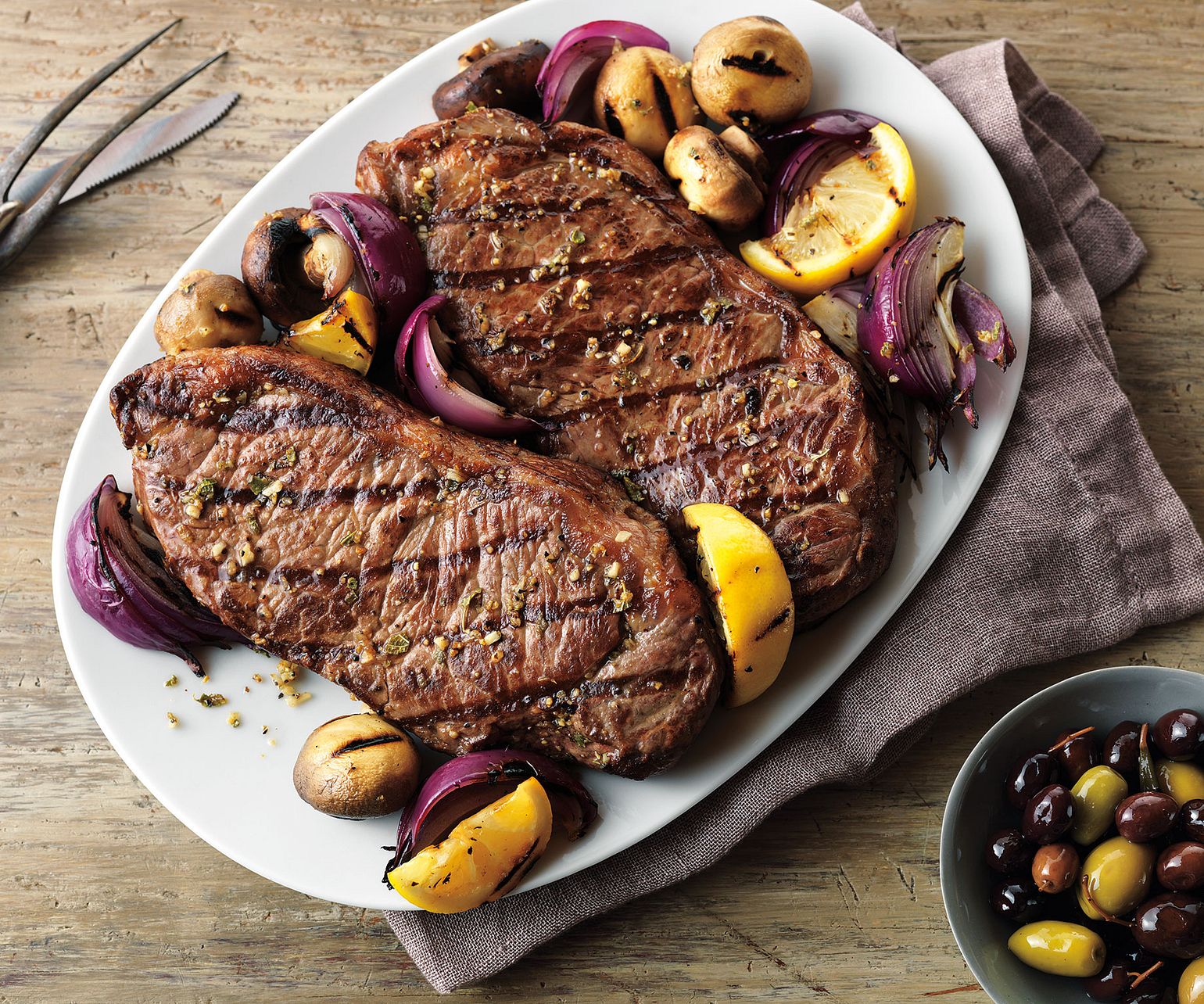 Grecian Beef Strip Steaks & Mushroom Kabobs