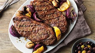 Grecian Beef Top Loin Steaks and Mushroom Kabobs