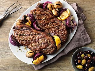 Grecian Beef Top Loin Steaks and Mushroom Kabobs