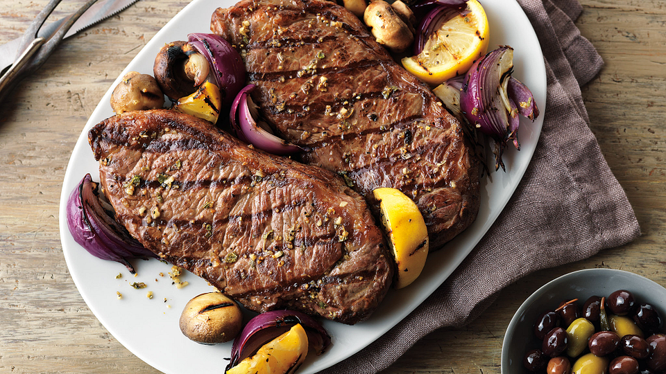 Grecian Beef Strip Steaks & Mushroom Kabobs