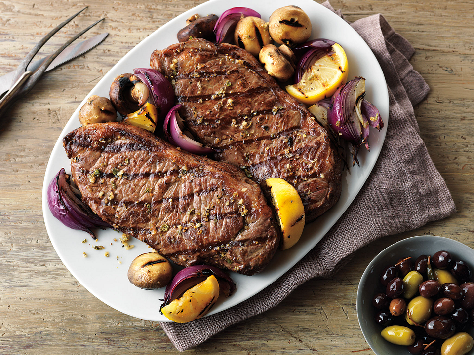 Grecian Beef Strip Steaks & Mushroom Kabobs