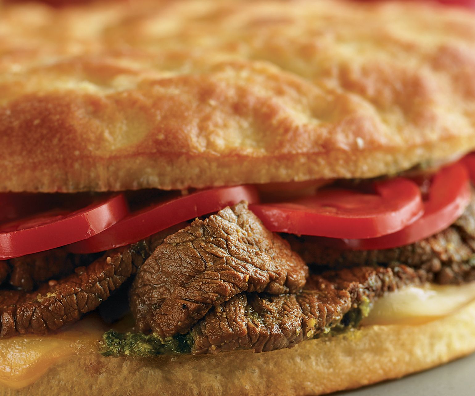 Beef & Smoked Mozzarella Stuffed Focaccia with Pesto