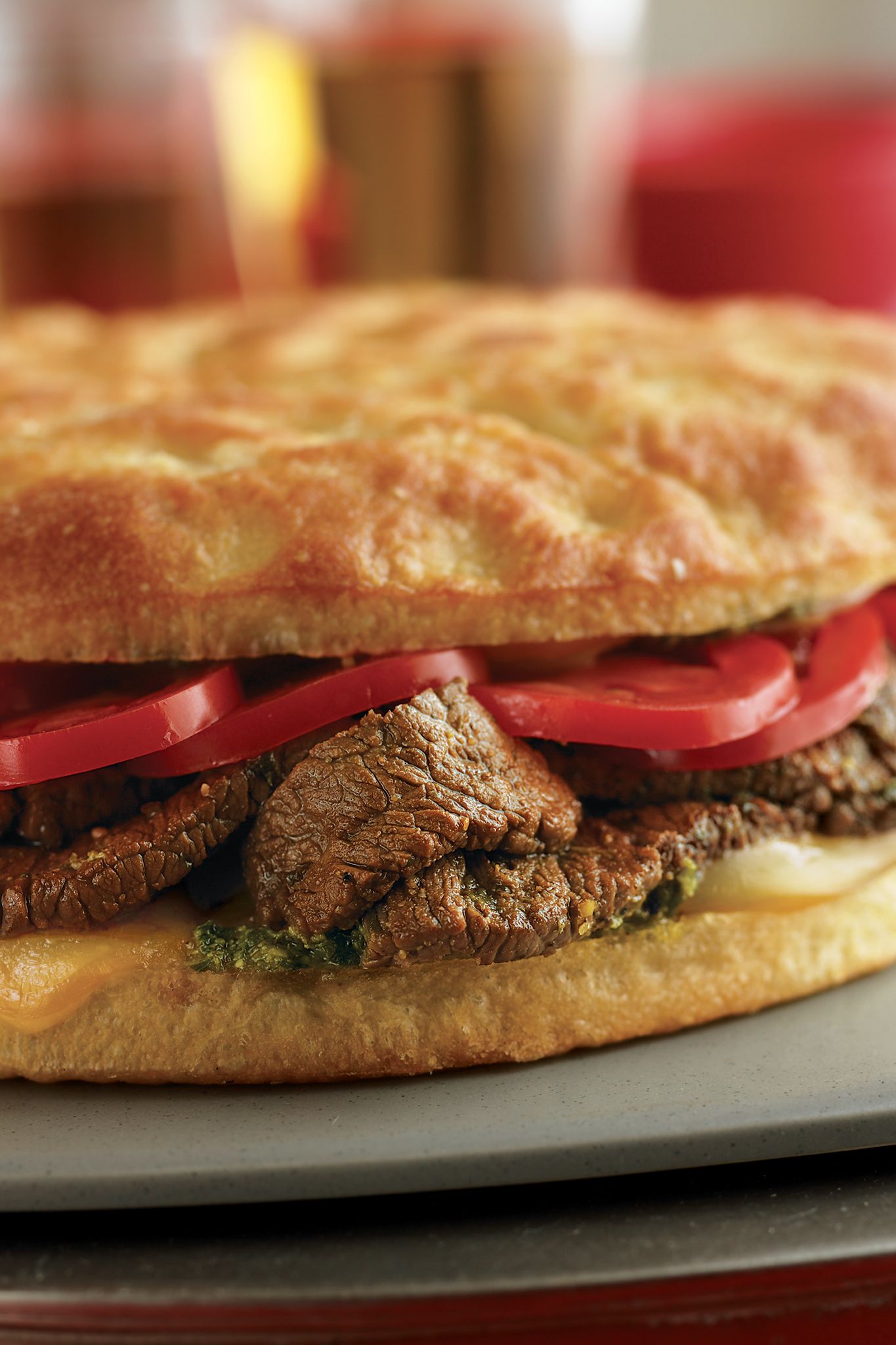 Beef & Smoked Mozzarella Stuffed Focaccia with Pesto