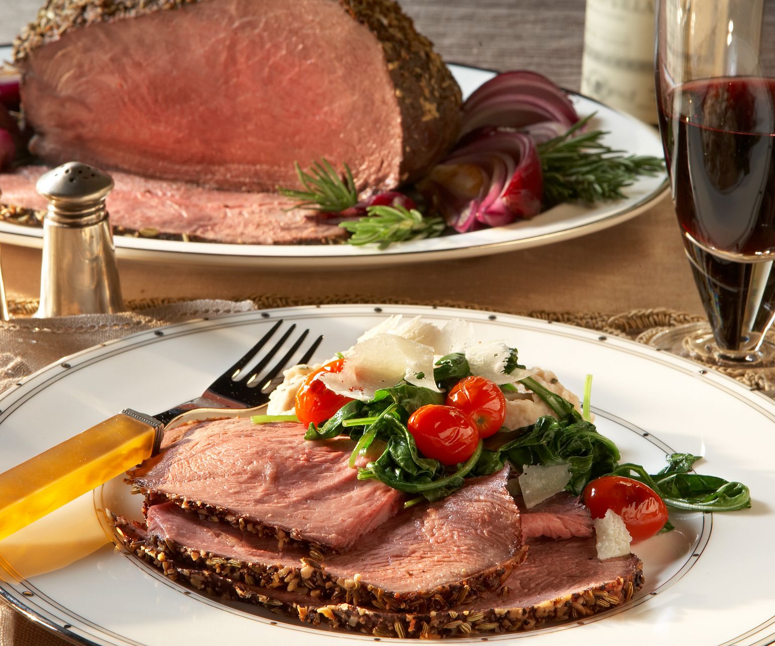 Fennel-Crusted Beef Roast with White Beans, Tomatoes and Arugula