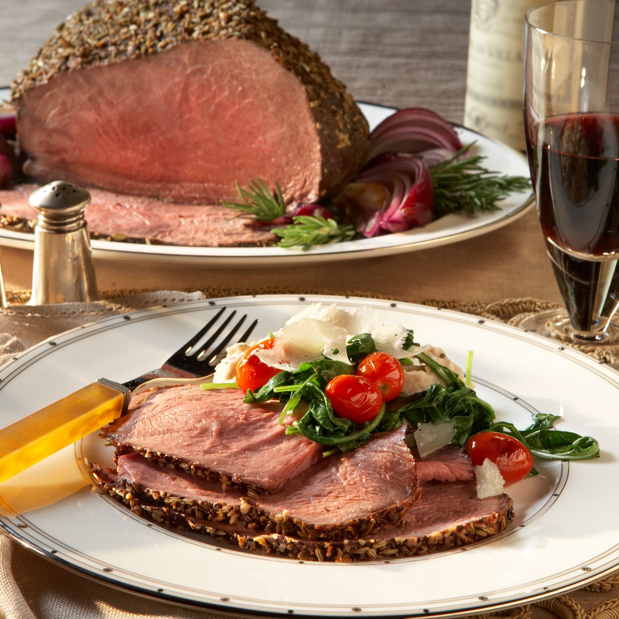 Fennel-Crusted Beef Roast with White Beans, Tomatoes and Arugula