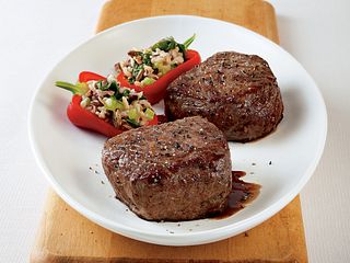 Petite Steaks with Wild Rice Baby Peppers