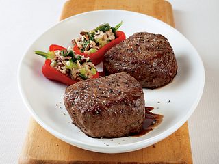 Petite Steaks with Wild Rice Baby Peppers
