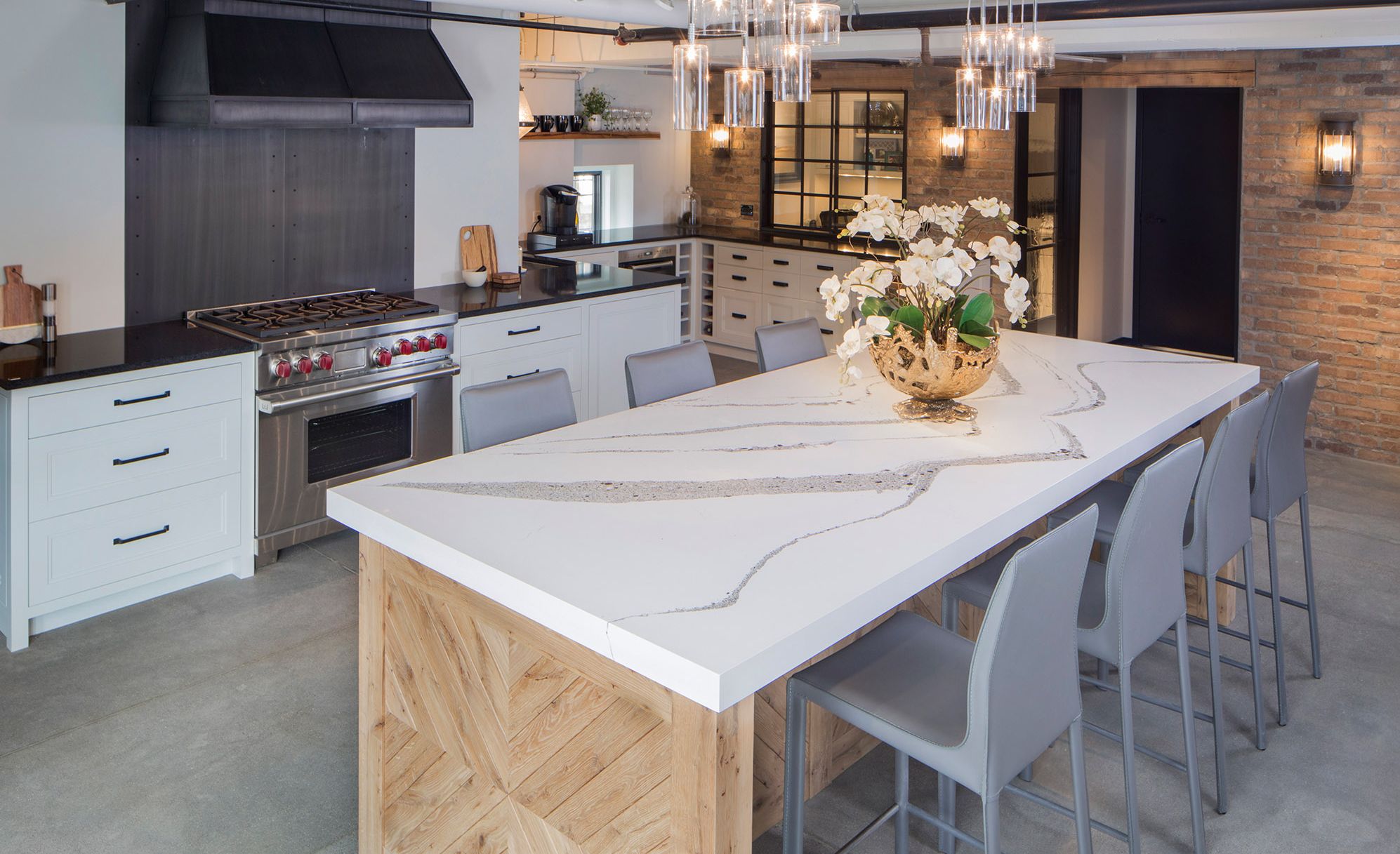 Office break room with Cambria Annicca and Cambria Edinburough countertops.