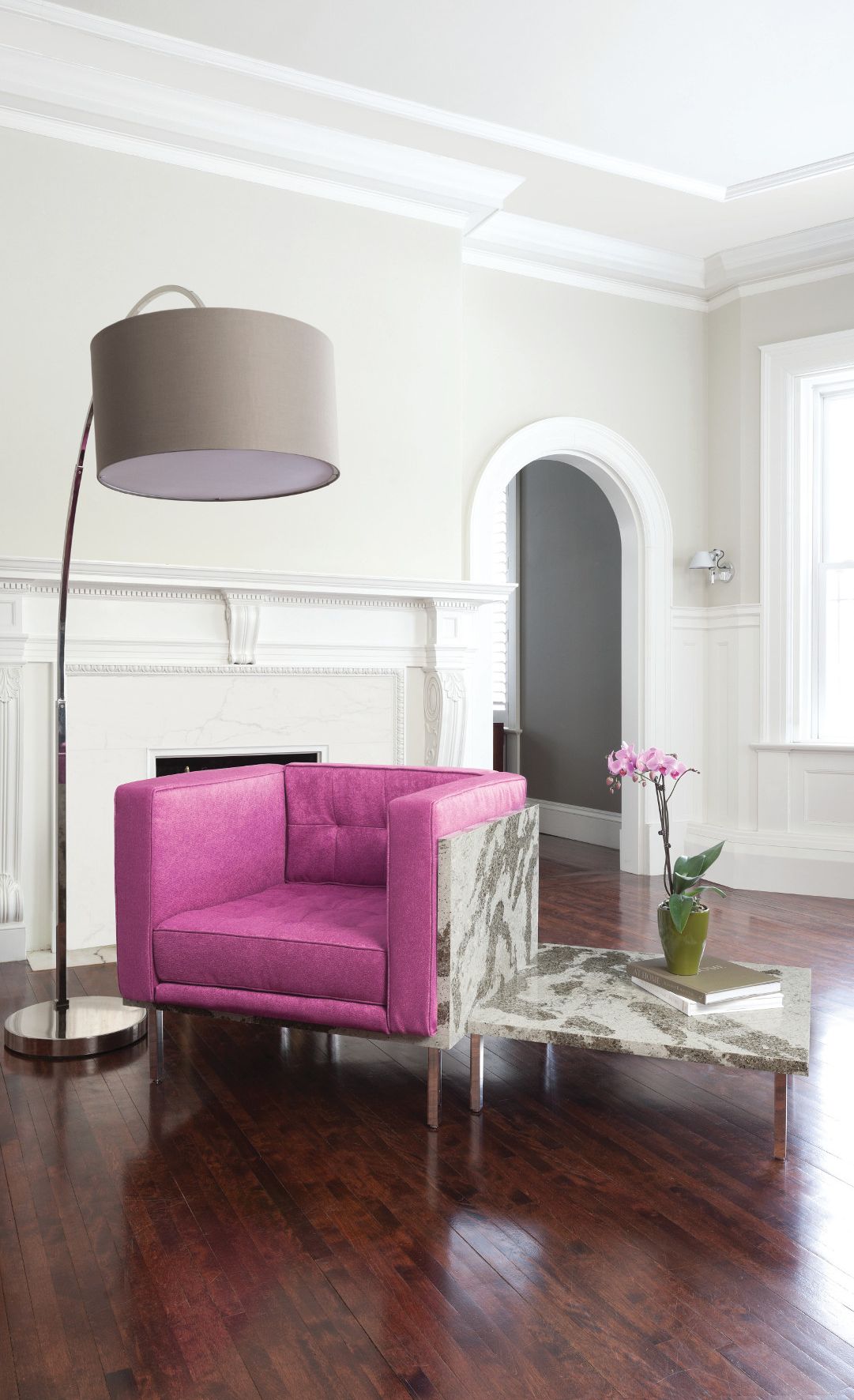 Quartz chair and table made of Cambria Galloway.