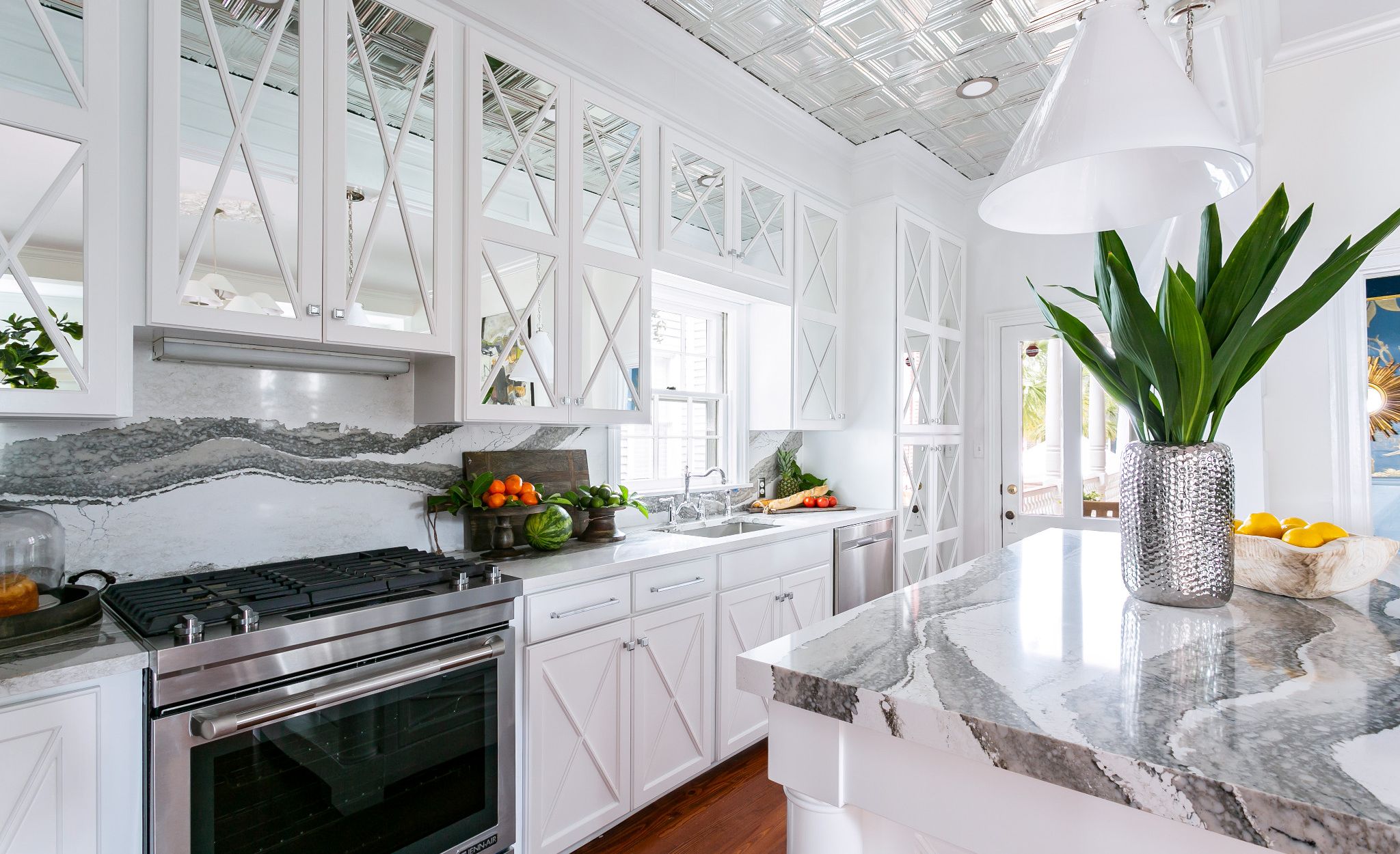 White kitchen cabinets with Cambria Skara Brae.