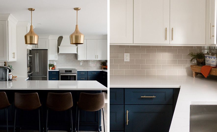 Cambria Ella countertops and two-toned cabinets in navy and white.