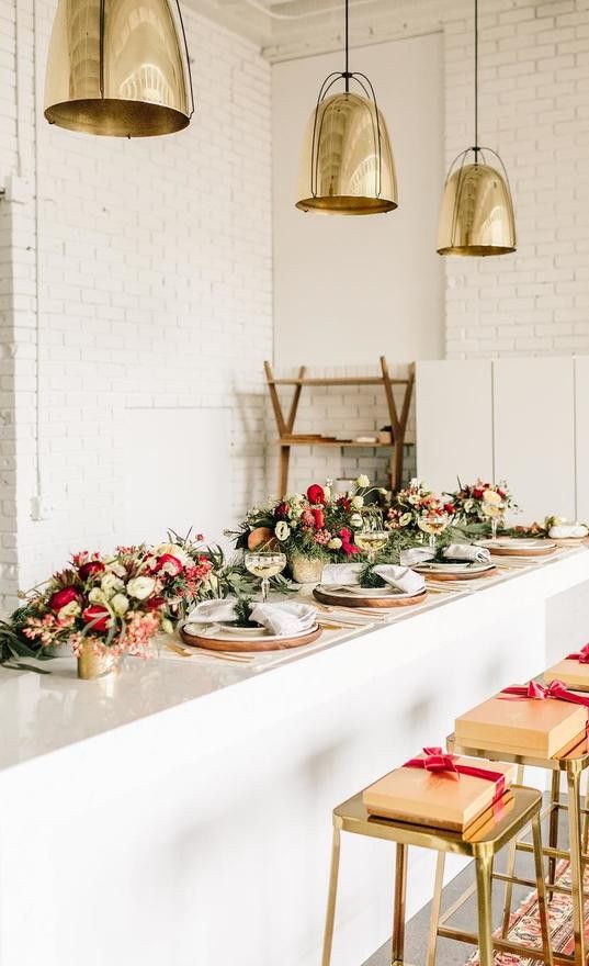 Cambria Swanbridge kitchen island decorated for a holiday party.