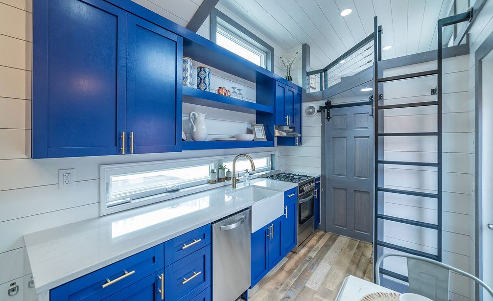 Custom mobile tiny home with Cambria Ella countertops.
