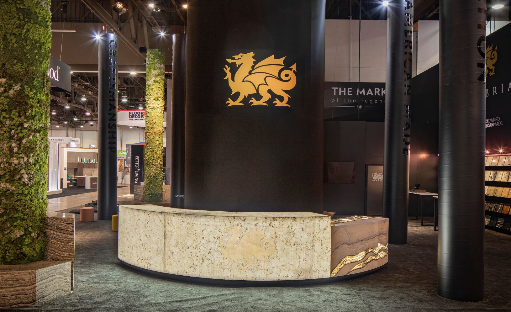 Backlit quartz reception desk with Cambria Myddleton, Cambria Baybridge, and Cambria Skara Brae.