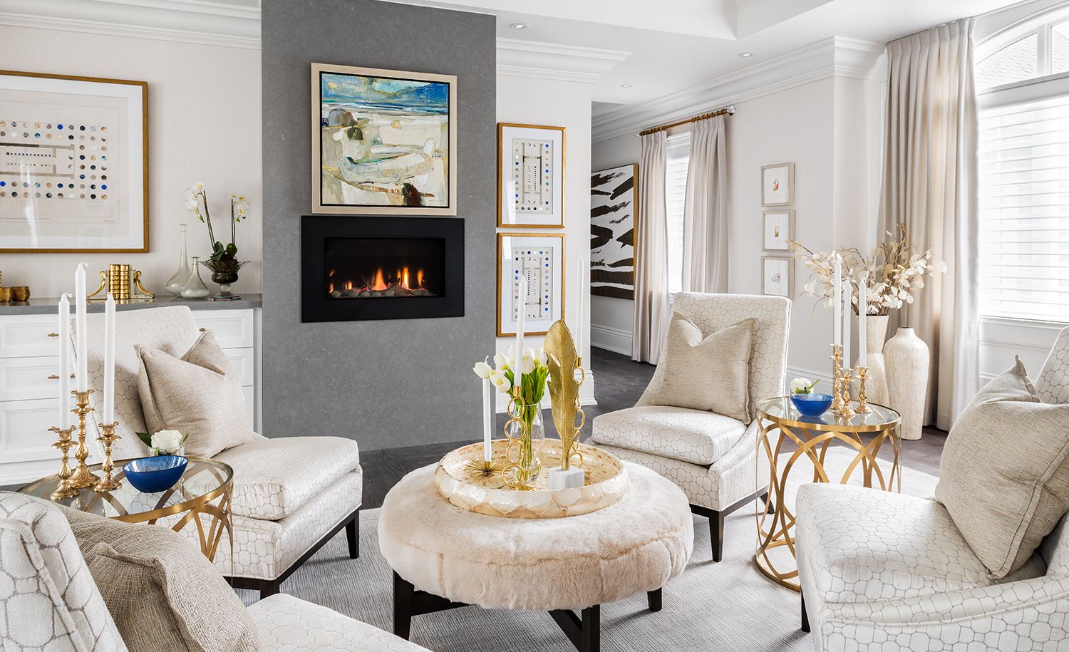 Cambria Carrick quartz fireplace surround in sitting room.