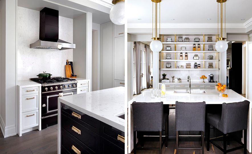 Cambria Torquay™ creates subtle marble texture behind a range and open shelving in this kitchen.