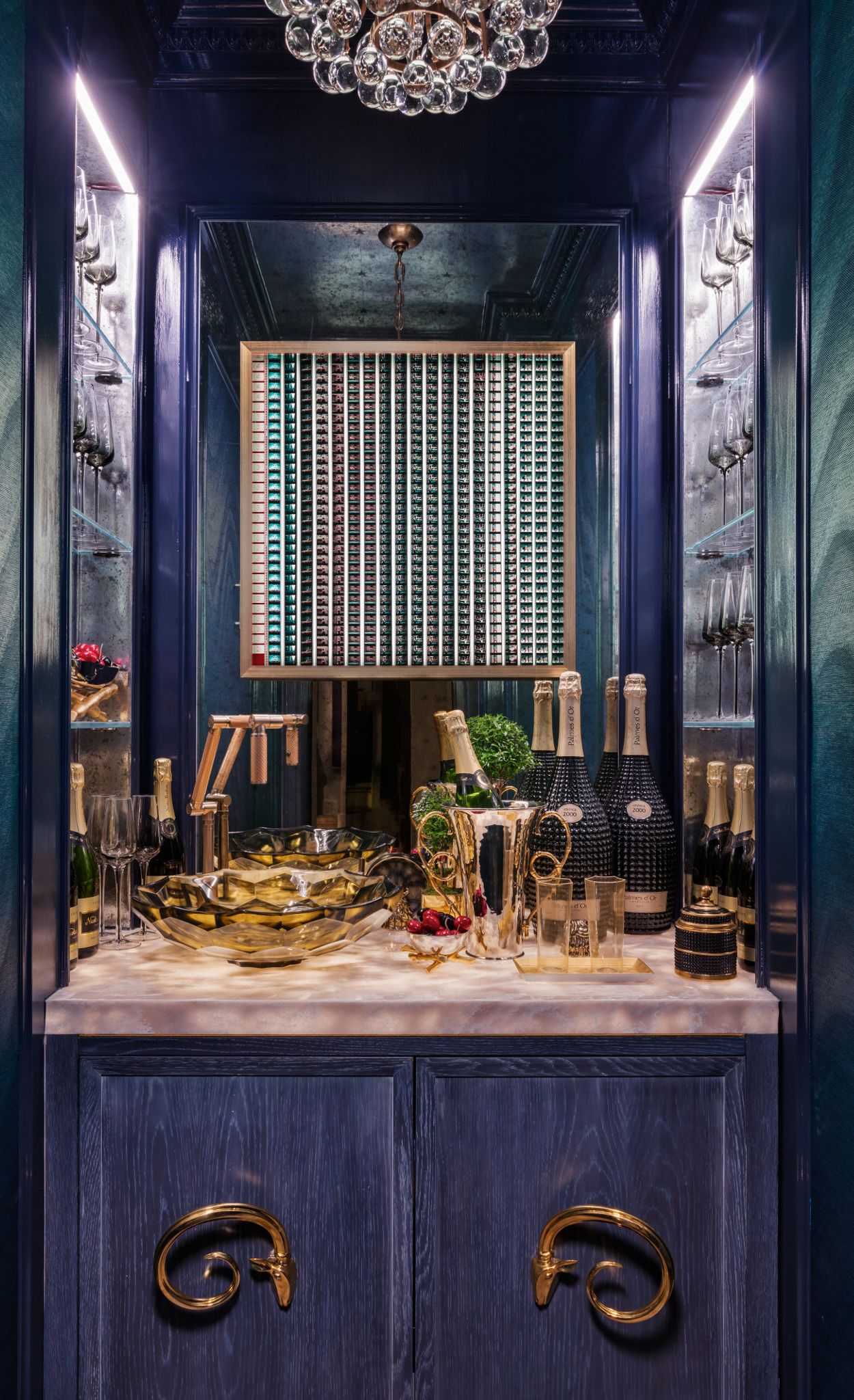Cambria Myddlton bartop paired with blue cabinets.