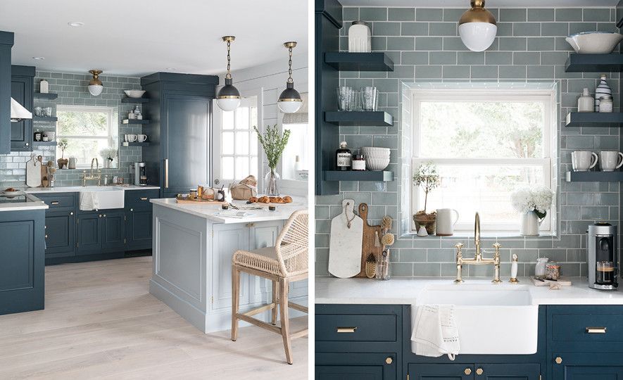 Navy cabinets paired with Cambria Torquay Matte countertops.