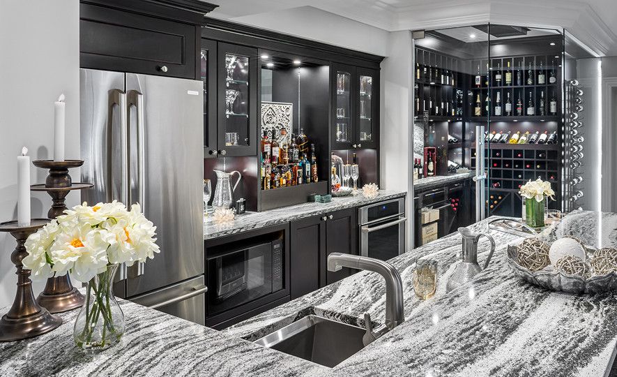 Sophisticated home bar with Roxwell™ countertops.